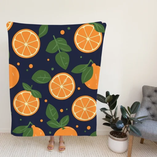 Mandarin Fruit Pattern On Dark Blue Fleece Blanket