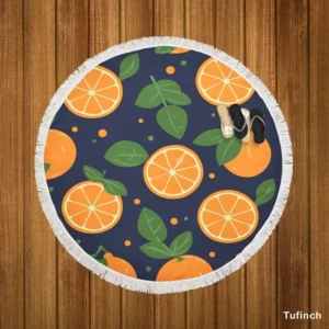 Mandarin Fruit Pattern On Dark Blue Round Beach Towel