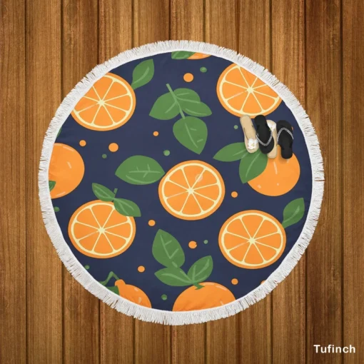 Mandarin Fruit Pattern On Dark Blue Round Beach Towel