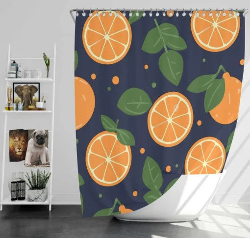 Mandarin Fruit Pattern On Dark Blue Shower Curtain