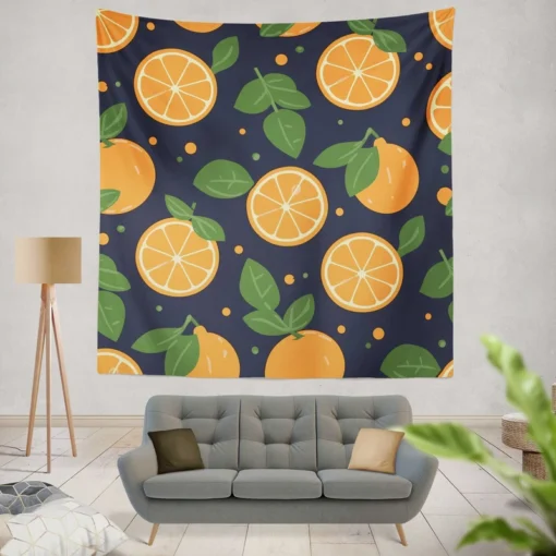 Mandarin Fruit Pattern On Dark Blue Wall Tapestry