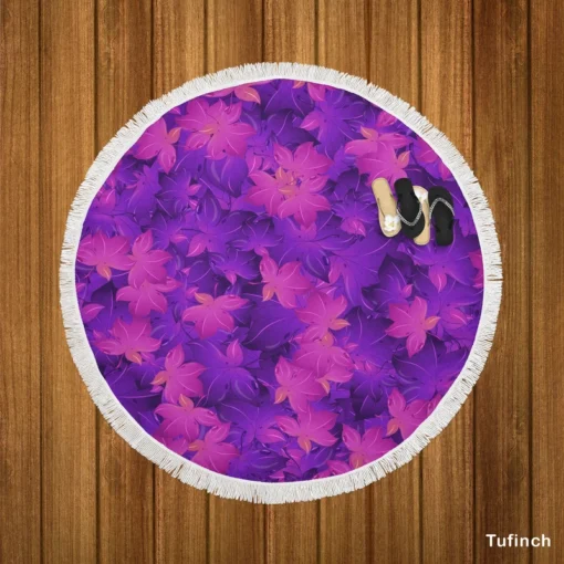 Maple Leafy Purple Design Round Beach Towel