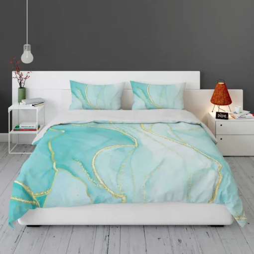 Marble Blue Watercolor Gold Bedding Set 1