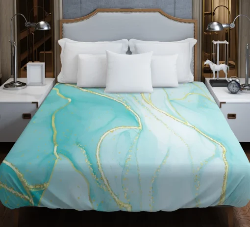 Marble Blue Watercolor Gold Duvet Cover