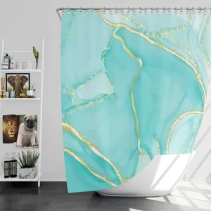 Marble Blue Watercolor Gold Shower Curtain