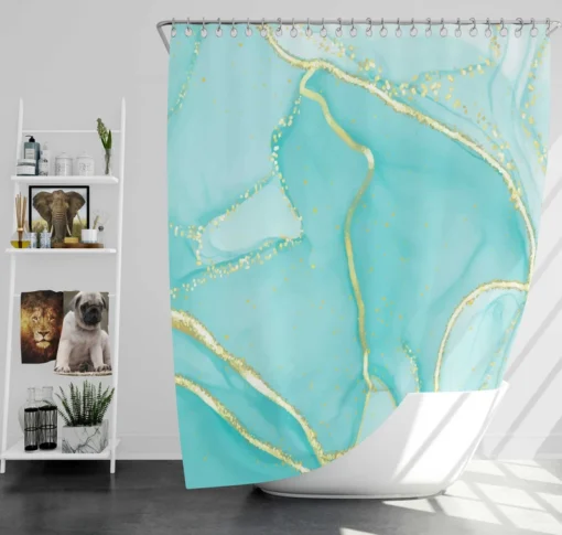 Marble Blue Watercolor Gold Shower Curtain