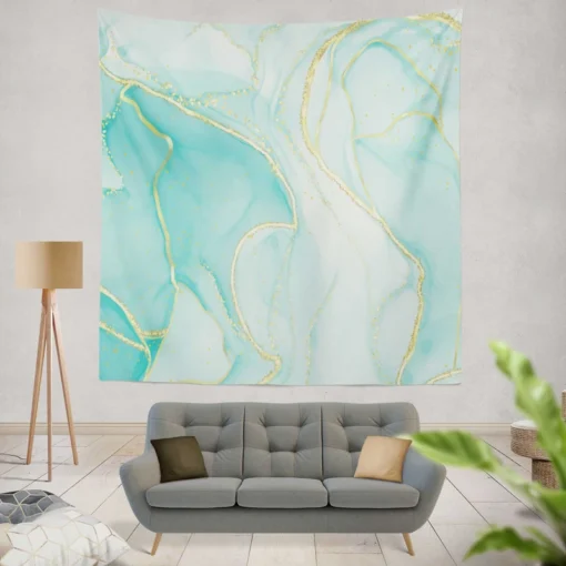 Marble Blue Watercolor Gold Wall Tapestry