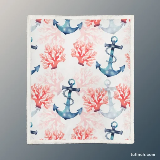 Marine Anchor Surrounded By Sea Corals Sherpa Fleece Blanket 1