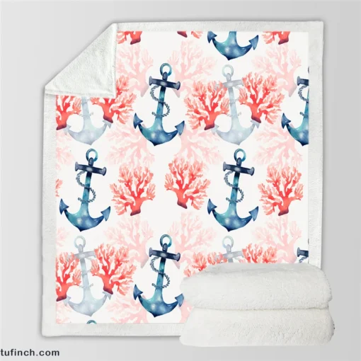 Marine Anchor Surrounded By Sea Corals Sherpa Fleece Blanket