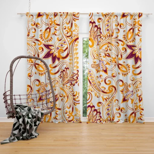 Maroon Yellow Folk Design Curtain