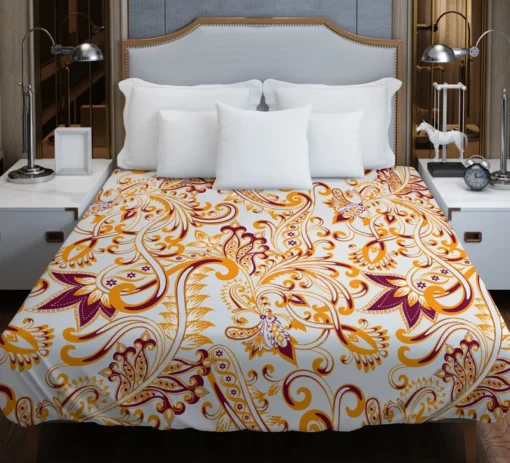 Maroon Yellow Folk Design Duvet Cover