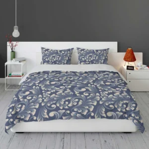 Metallic Blue Floral Damask Bedding Set 1