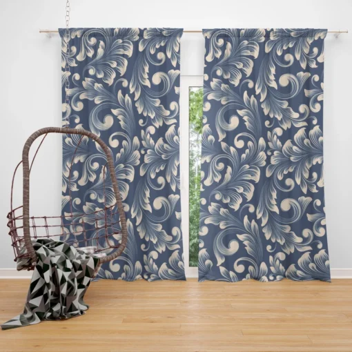 Metallic Blue Floral Damask Curtain