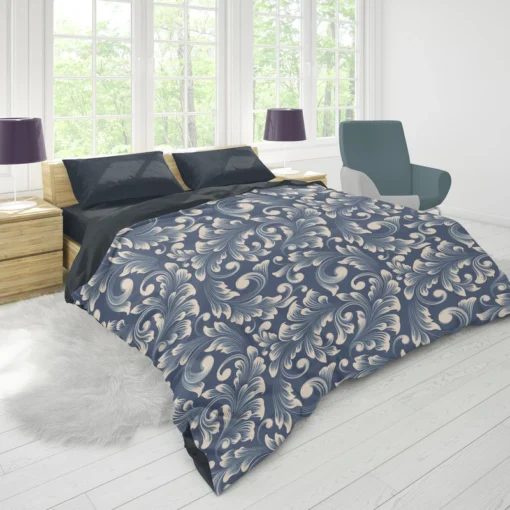 Metallic Blue Floral Damask Duvet Cover 1