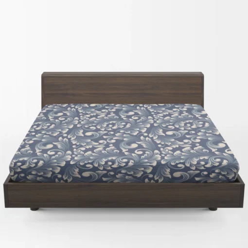 Metallic Blue Floral Damask Fitted Sheet 1