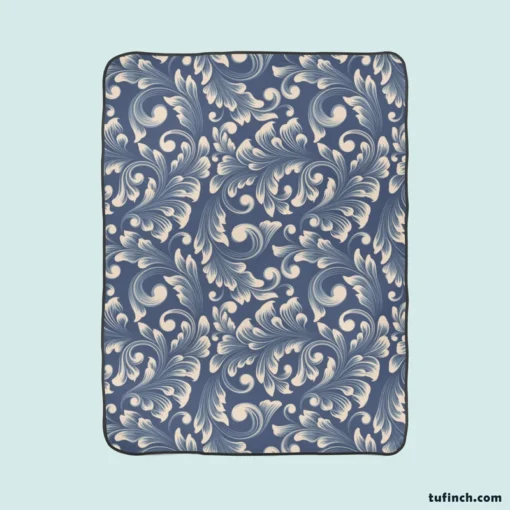 Metallic Blue Floral Damask Fleece Blanket 1