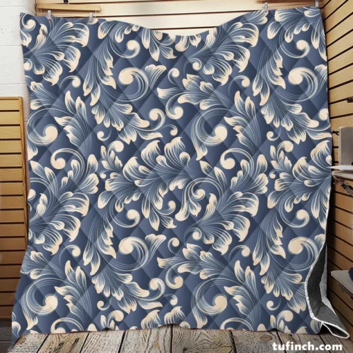 Metallic Blue Floral Damask Quilt Blanket