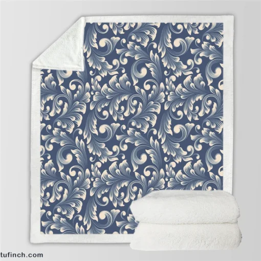 Metallic Blue Floral Damask Sherpa Fleece Blanket