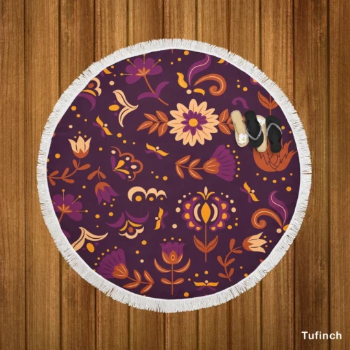 Mexican Slavic Folk Flower Pattern Round Beach Towel