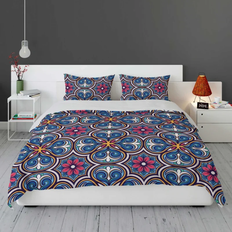 Mexican Talavera Blue Pink Design Bedding Set 1