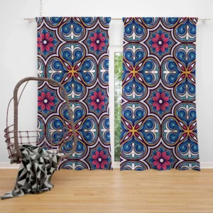 Mexican Talavera Blue Pink Design Curtain