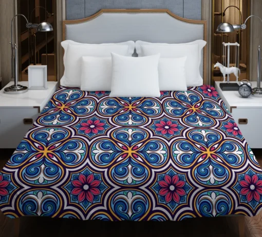 Mexican Talavera Blue Pink Design Duvet Cover