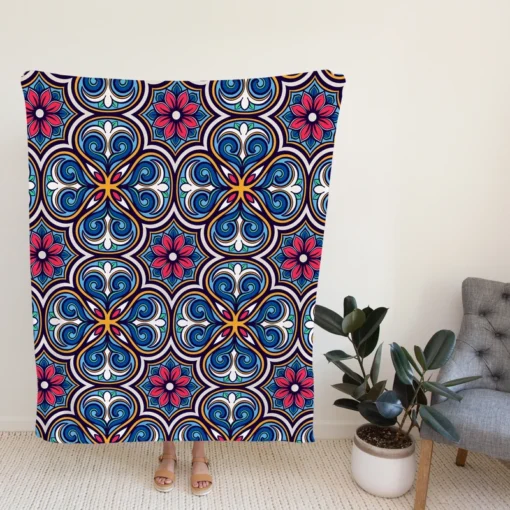 Mexican Talavera Blue Pink Design Fleece Blanket