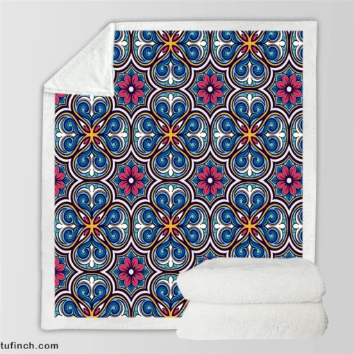 Mexican Talavera Blue Pink Design Sherpa Fleece Blanket