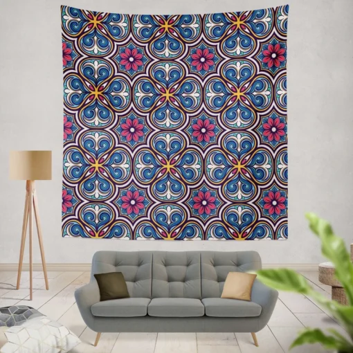 Mexican Talavera Blue Pink Design Wall Tapestry