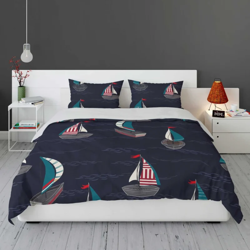 Midnight Blue Waving Sea Sailing boat Bedding Set 1