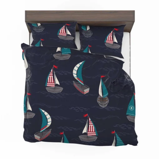 Midnight Blue Waving Sea Sailing boat Bedding Set 2