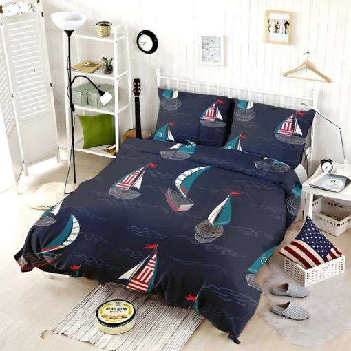 Midnight Blue Waving Sea Sailing boat Bedding Set