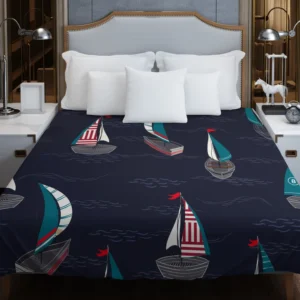 Midnight Blue Waving Sea Sailing boat Duvet Cover