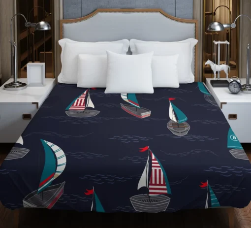 Midnight Blue Waving Sea Sailing boat Duvet Cover