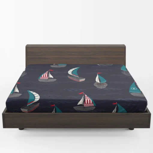 Midnight Blue Waving Sea Sailing boat Fitted Sheet 1