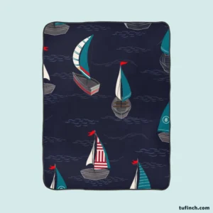 Midnight Blue Waving Sea Sailing boat Fleece Blanket 1