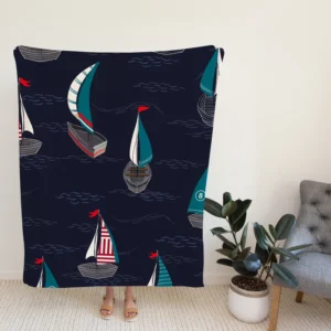 Midnight Blue Waving Sea Sailing boat Fleece Blanket