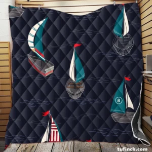 Midnight Blue Waving Sea Sailing boat Quilt Blanket