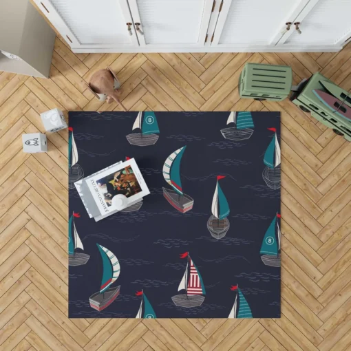 Midnight Blue Waving Sea Sailing boat Rug