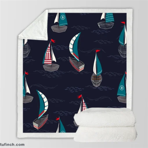 Midnight Blue Waving Sea Sailing boat Sherpa Fleece Blanket