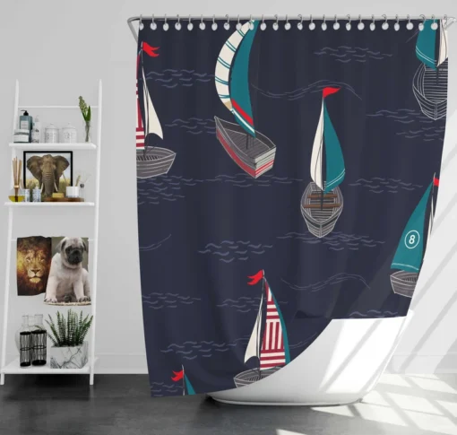 Midnight Blue Waving Sea Sailing boat Shower Curtain