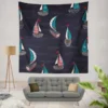 Midnight Blue Waving Sea Sailing boat Wall Tapestry