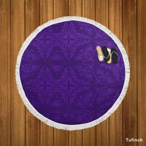 Midnight Purple Damask Design Round Beach Towel