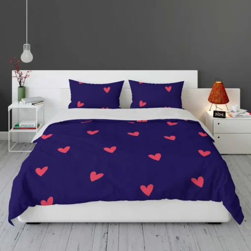 Mini Red Hearts In Blue Background Bedding Set 1