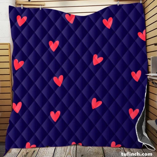 Mini Red Hearts In Blue Background Quilt Blanket