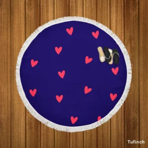 Mini Red Hearts In Blue Background Round Beach Towel