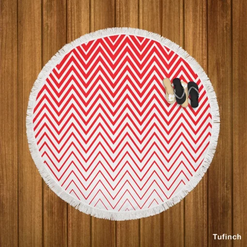 Modern Abstract Red & White Round Beach Towel