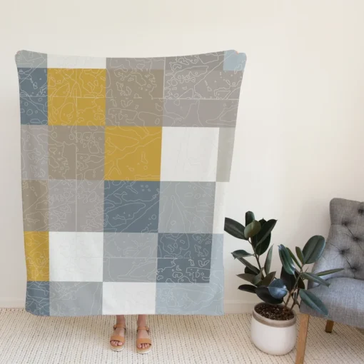 Modern Grey Yellow White Blue Patchwork Fleece Blanket