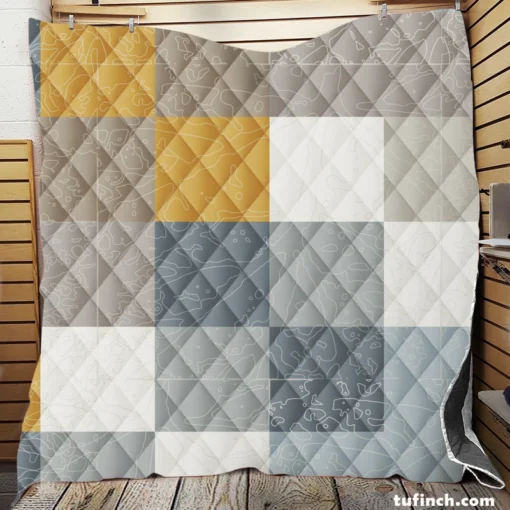 Modern Grey Yellow White Blue Patchwork Quilt Blanket