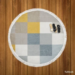 Modern Grey Yellow White Blue Patchwork Round Beach Towel